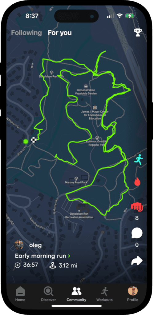 Tracked activity screen of a run